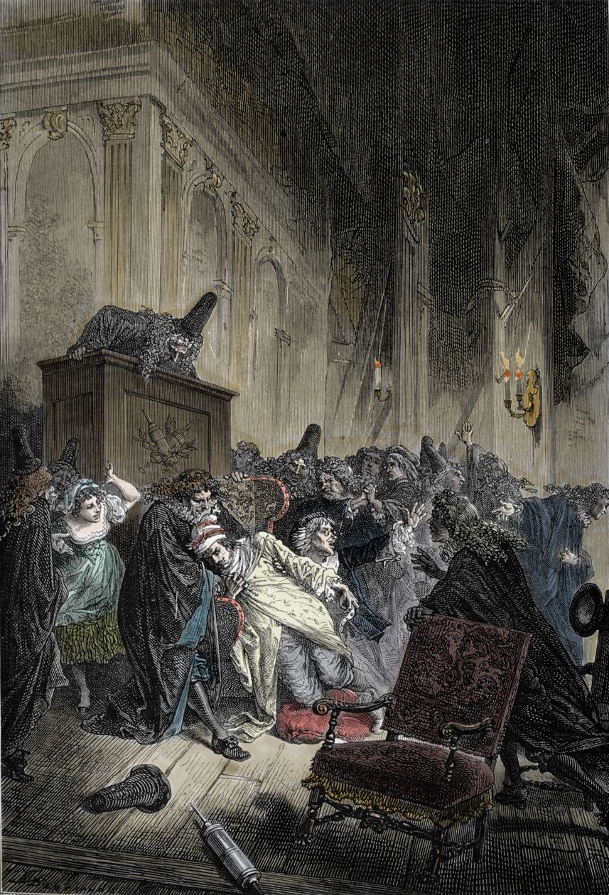 Repræsentation af Jean-Baptiste Poquelins død, dit Moliere (1622-1673), død af lungeoverbelastning under en repræsentation af den "imaginære syge"" den 17/02/1673 af Unknown artist