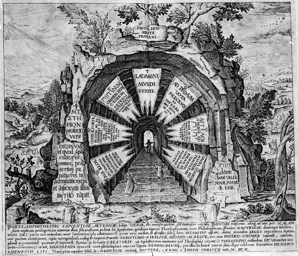 Repræsentation af indgangen til House of Mysteres, symbolsk for evigt liv. Indgravering af "Amphitheatrum sapientiae aeternae". (Amphitheatre of eternal visdom) [Hamburg: s.n. af Unknown artist