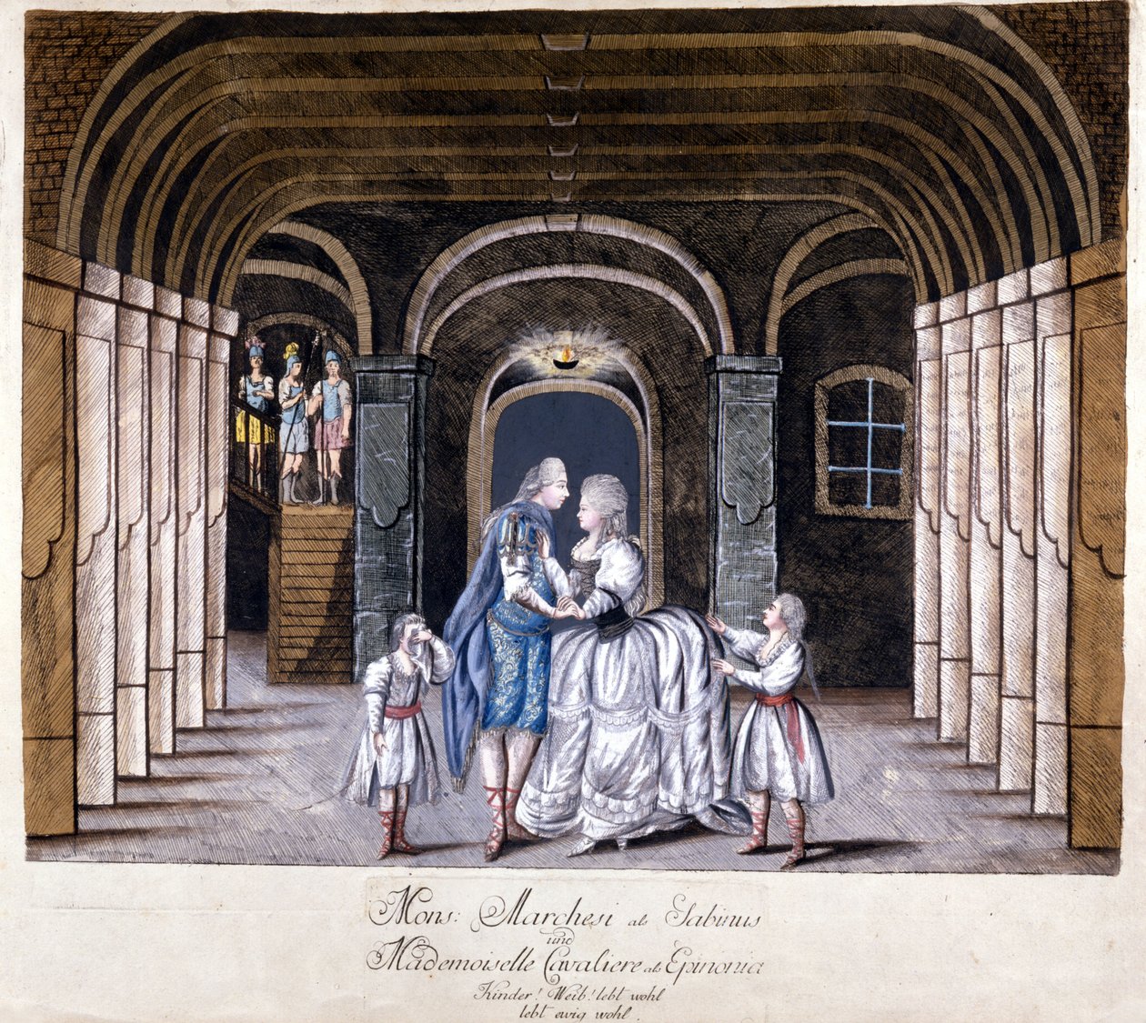 Repræsentation af operaen "Giulio Sabino" af Giuseppe Sarti (1729-1802) i Wien i 1785. På scenen Caterina (Katharina) Cavalieri og kastraten Luigi Marchesi. Milano af Unknown artist