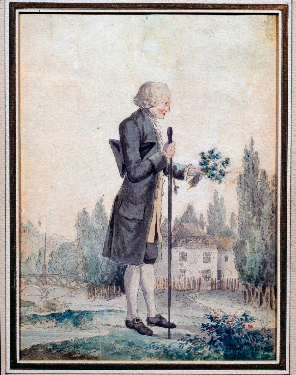 Repræsentation af filosoffen Jean Jacques Rousseau (1712-1778), der plukker blomster i Ermenonville. Akvarel af det 18. århundrede. Paris, Musée Carnavalet af Unknown artist