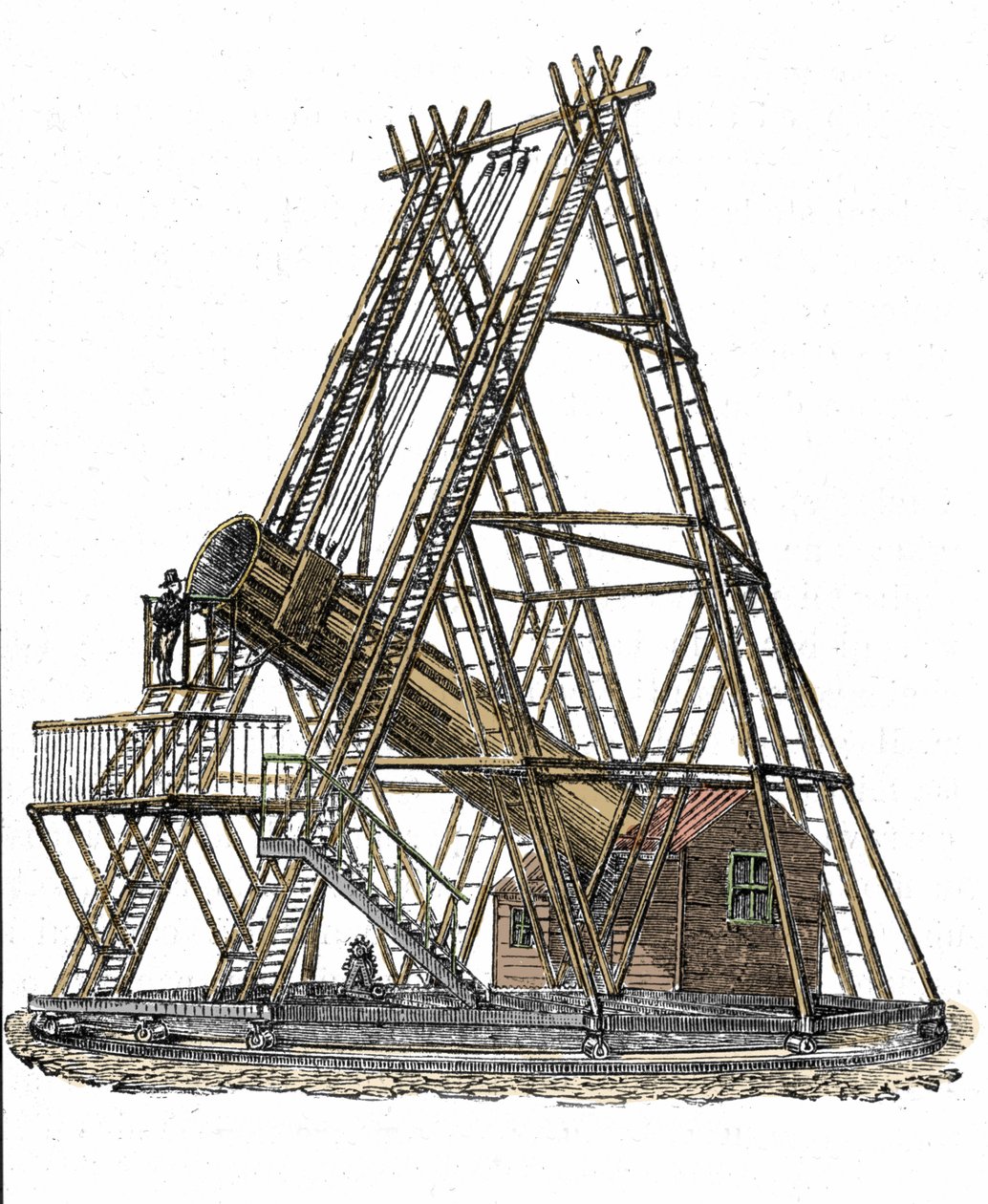 Repræsentation af den engelske astronom William Herschels (1738-1822) teleskop. Indgravering af det 19. århundrede af Unknown artist