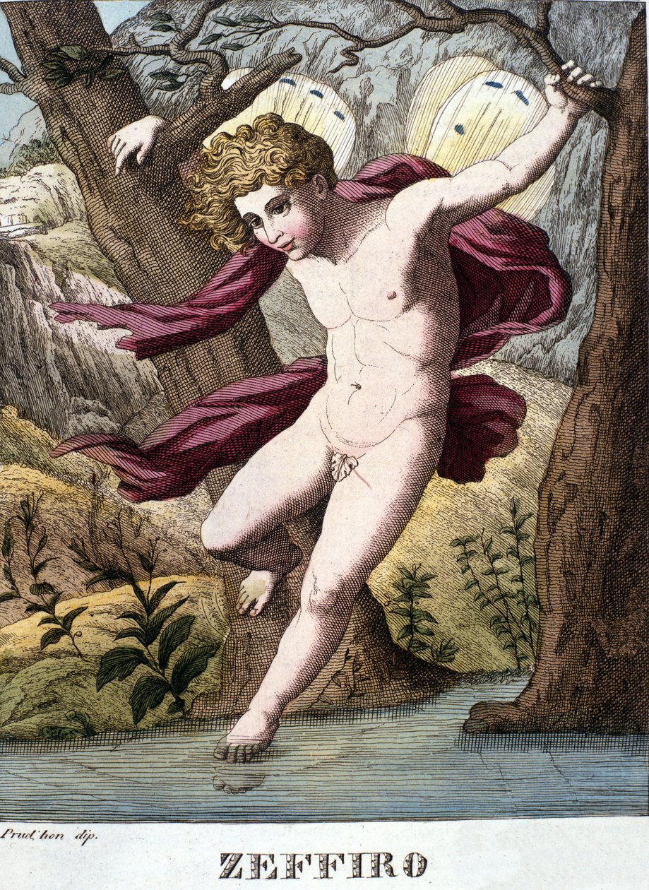 Repræsentation af vindguden Zefir (zephyr). Plade taget fra "" Mythology Dictionary "" 1888 af Unknown artist