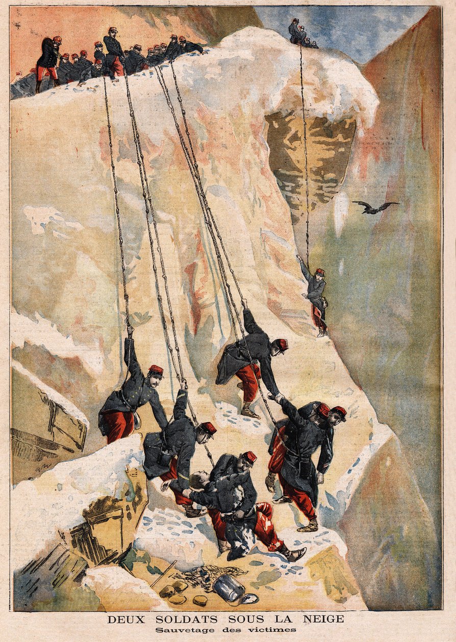 Redning af 2 soldater fra 97. linieregiment på en grænseovervågningsmission, ofre for en lavine forårsaget af smeltning af forårssne. Indgravering i "" Le petit journal"" 14/05/1894. Selvas samling. af Unknown artist