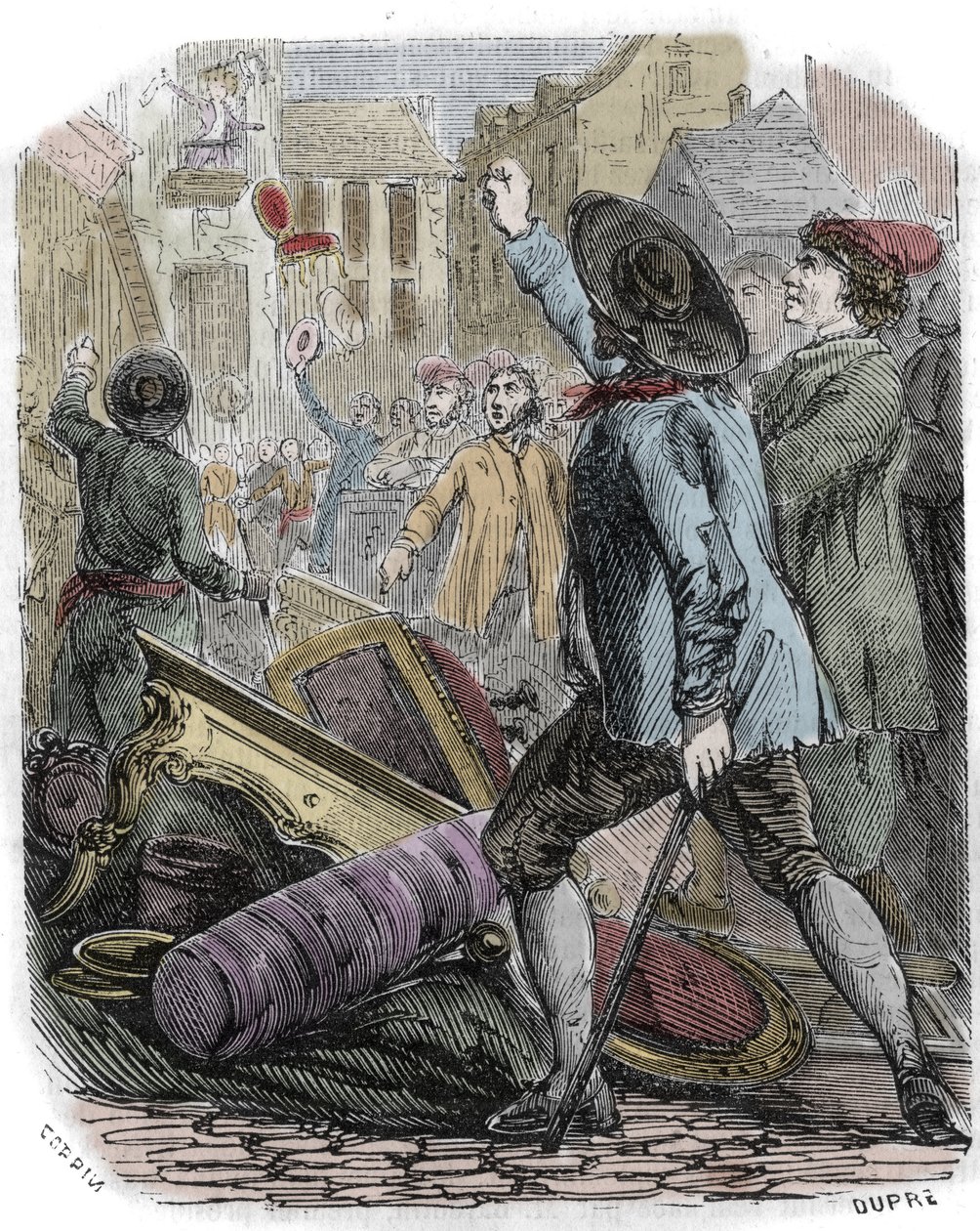 Reveillon-optøjer fandt sted mellem 26.-29. april 1789 - Fransk revolution: Reveillon-affære - "" Plyndringer af fremstillingen af ​​papints Jean Baptiste de Reveillon le 28. april 1789"" Et parisisk optøjer plyndrede fabrikken i rue du Faubourg saint Anto af Unknown artist