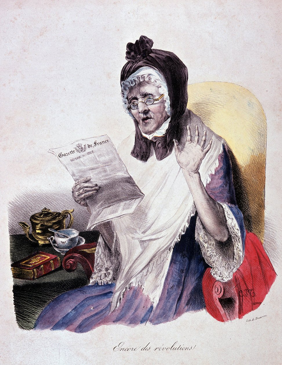 Revolution 1830: "Encore des revolutions"" råber en gammel kvinde, der læser Gazette de France - gravering af Unknown artist