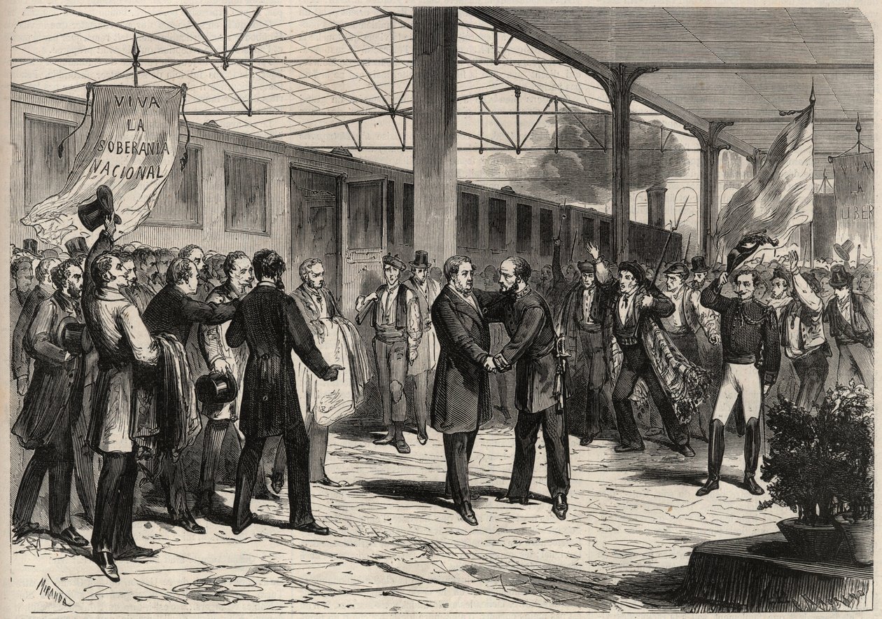 Revolutionen i september 1868 i Spanien (Gloriosa): ankommer fra Salustiano Olozaga (1805-1873) i Madrid. Gravering i "" L