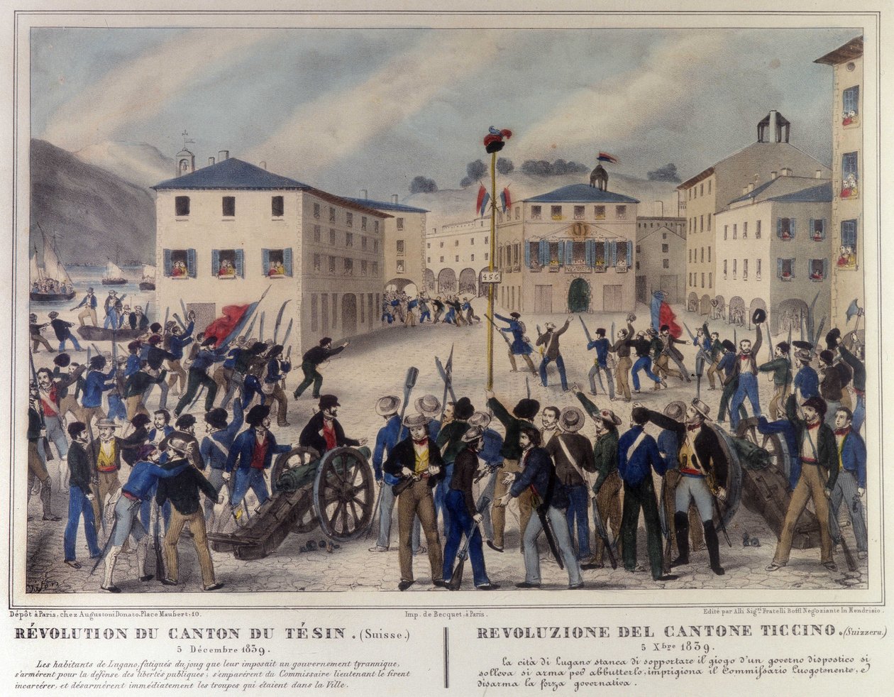 Revolution af kantonen Ticino i Schweiz den 5. december 1859. Gravering af det 19. århundrede. af Unknown artist