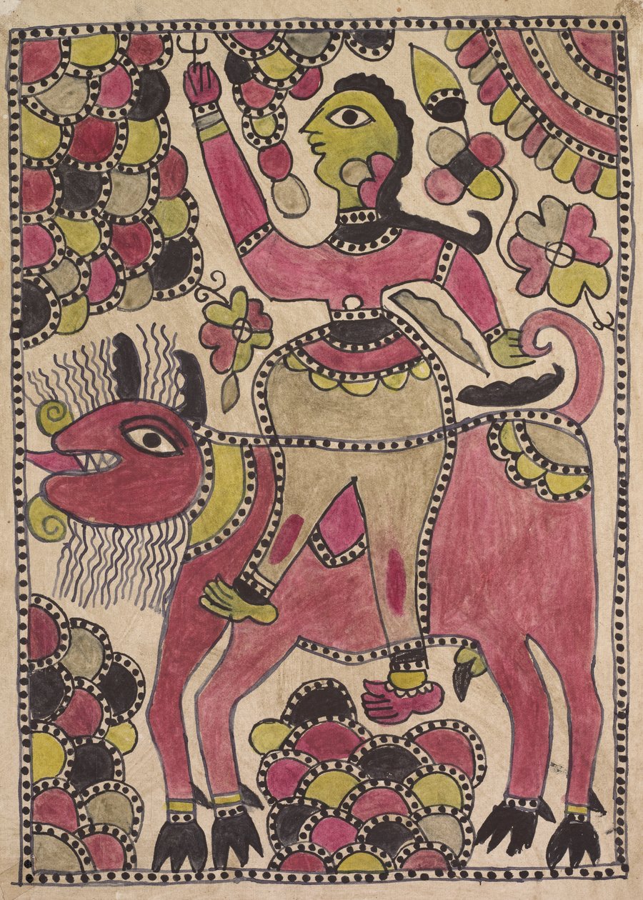 Rytter og firbenet kvæg i lilla, chartreuse og sort palette af Unknown artist