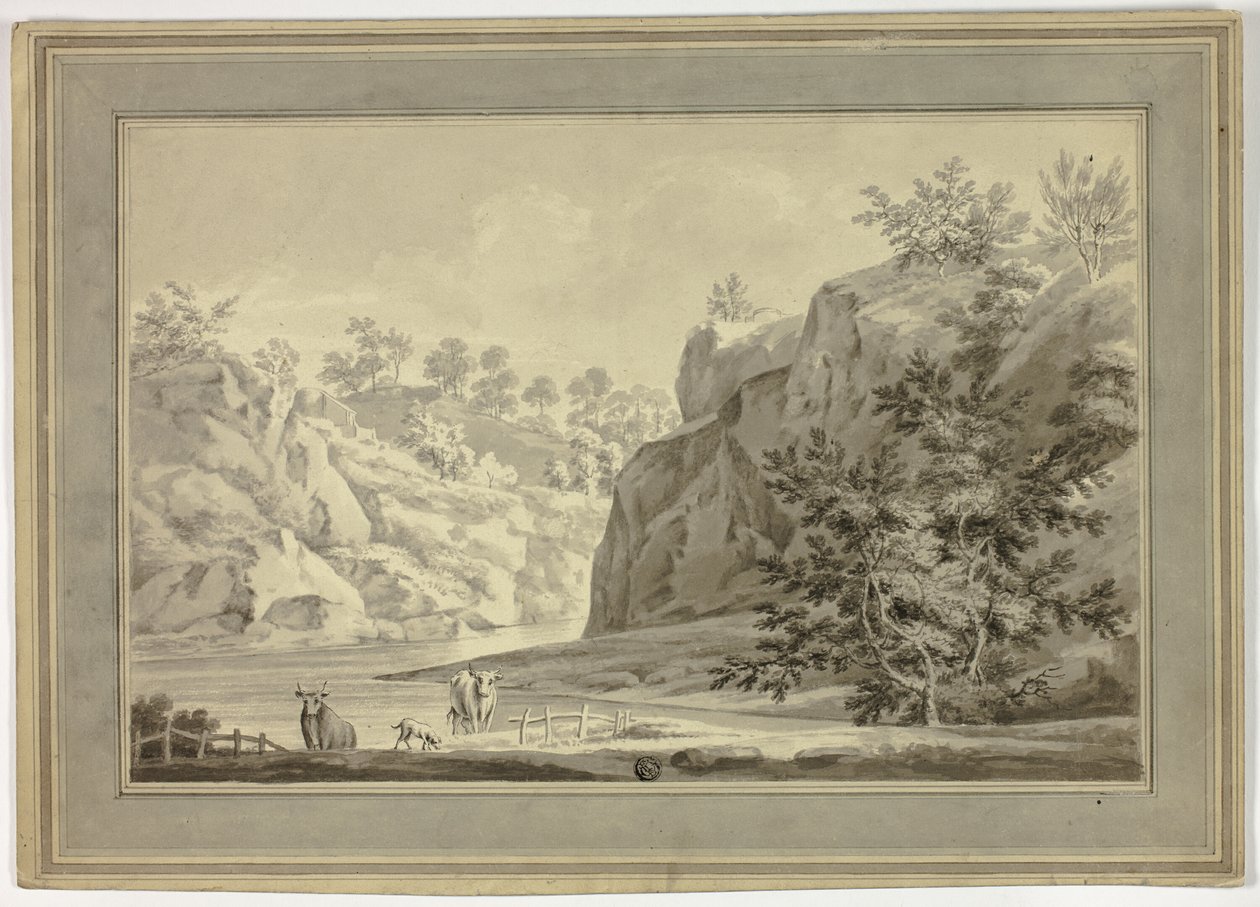 Flodlandskab med køer og hund i forgrunden af Unknown artist