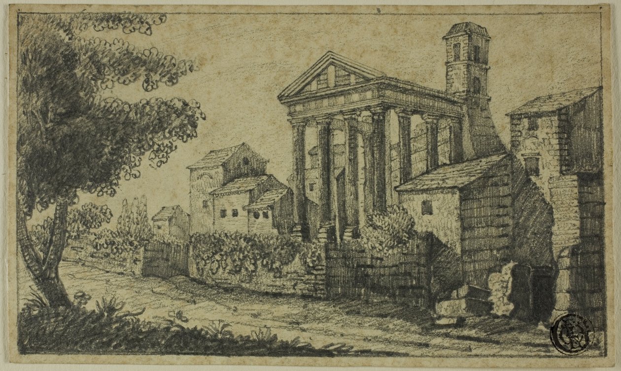 Flodlandskab med romersk tempel af Unknown artist