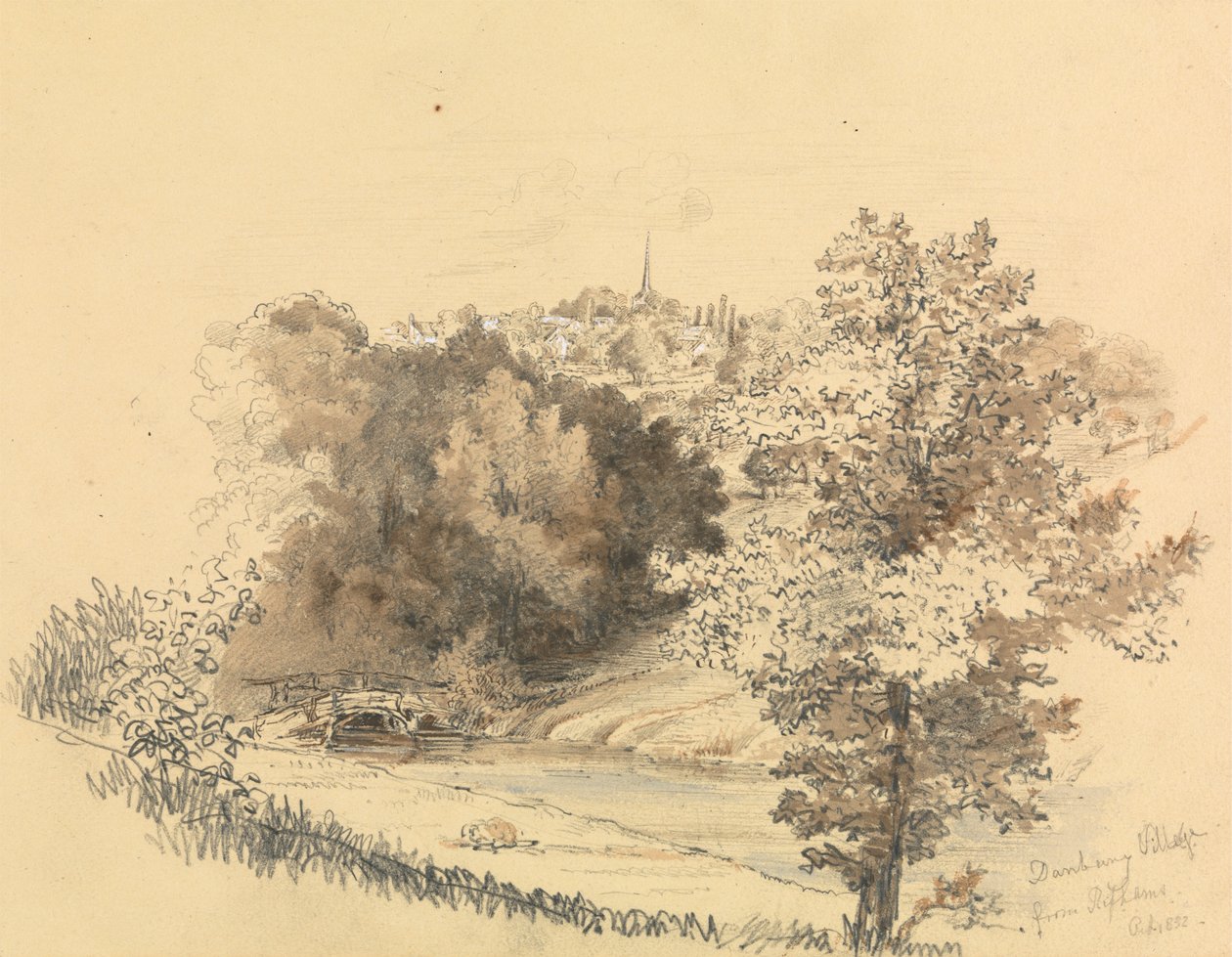 Flodlandskab med by i det fjerne af Unknown artist