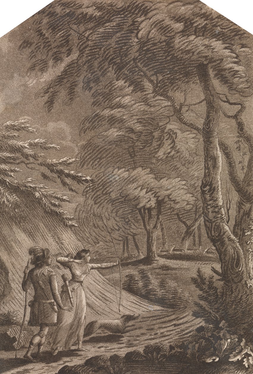 Robin Hood og Clarinda jager hjorte i et skovklædt landskab af Unknown artist