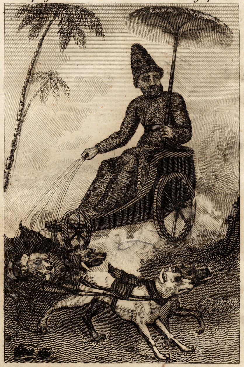 Robinson Crusoe on his chariot trainee by six dogues, engraving inserted in “Les aventures de Robinson Crusoe” by Daniel Defoedani af Unknown artist