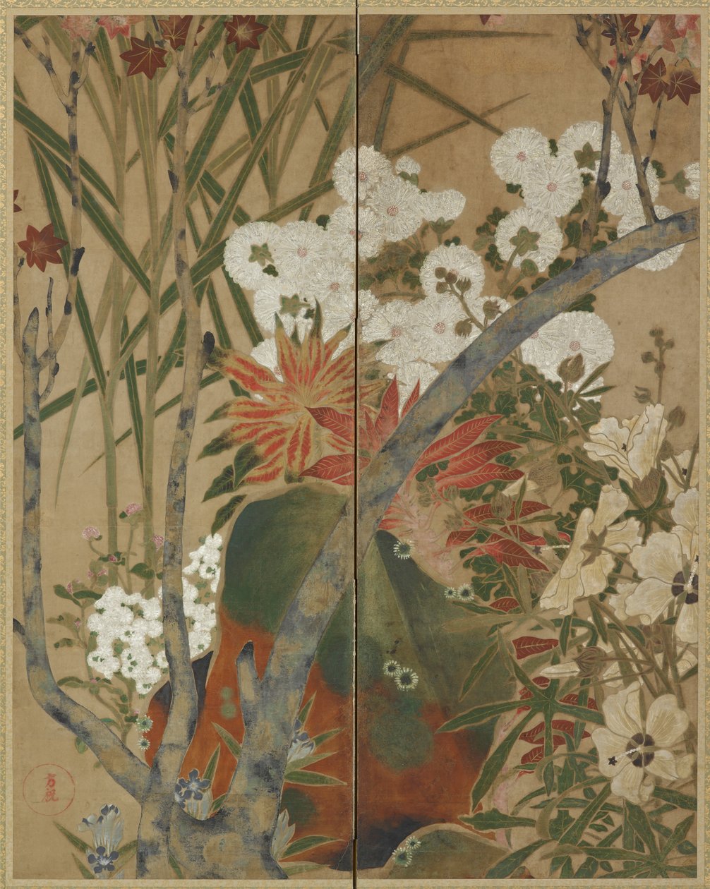 Sten, unge træer og efterårsblomster af Unknown artist