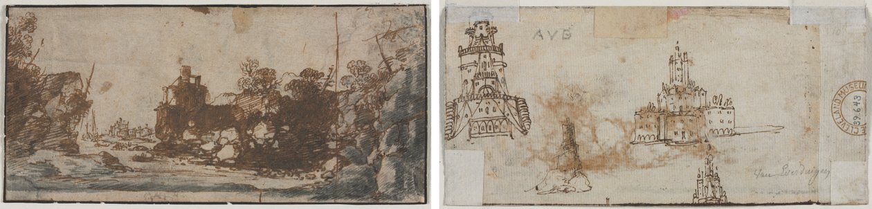 Rocky Inlet med både og bygninger (recto); Skitser af slotte (verso) af Unknown artist