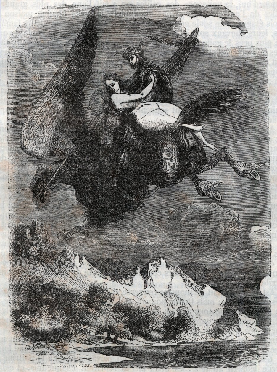 Roger (Ruggero, Ruggiero) og Angelique (Angelica) om flodhesten - gravering fra 1851 fra "" Roland furieux"" (1500-tallet) af Ludovico Ariosto, kendt som Ariosto - Udgave oversat fra italiensk af greven af ​​Tressan og udgive af Unknown artist