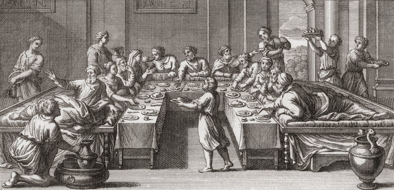Romersk triclinium, eller spisestue, med bord og sofaer af Unknown artist