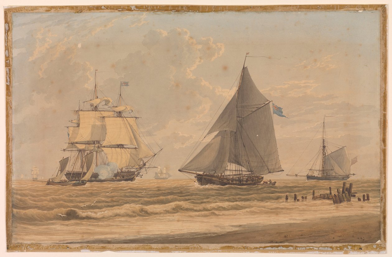 Royal Navy-sejlskib ved kysten, begyndelsen af det 19. århundrede (akvarel) af Unknown artist