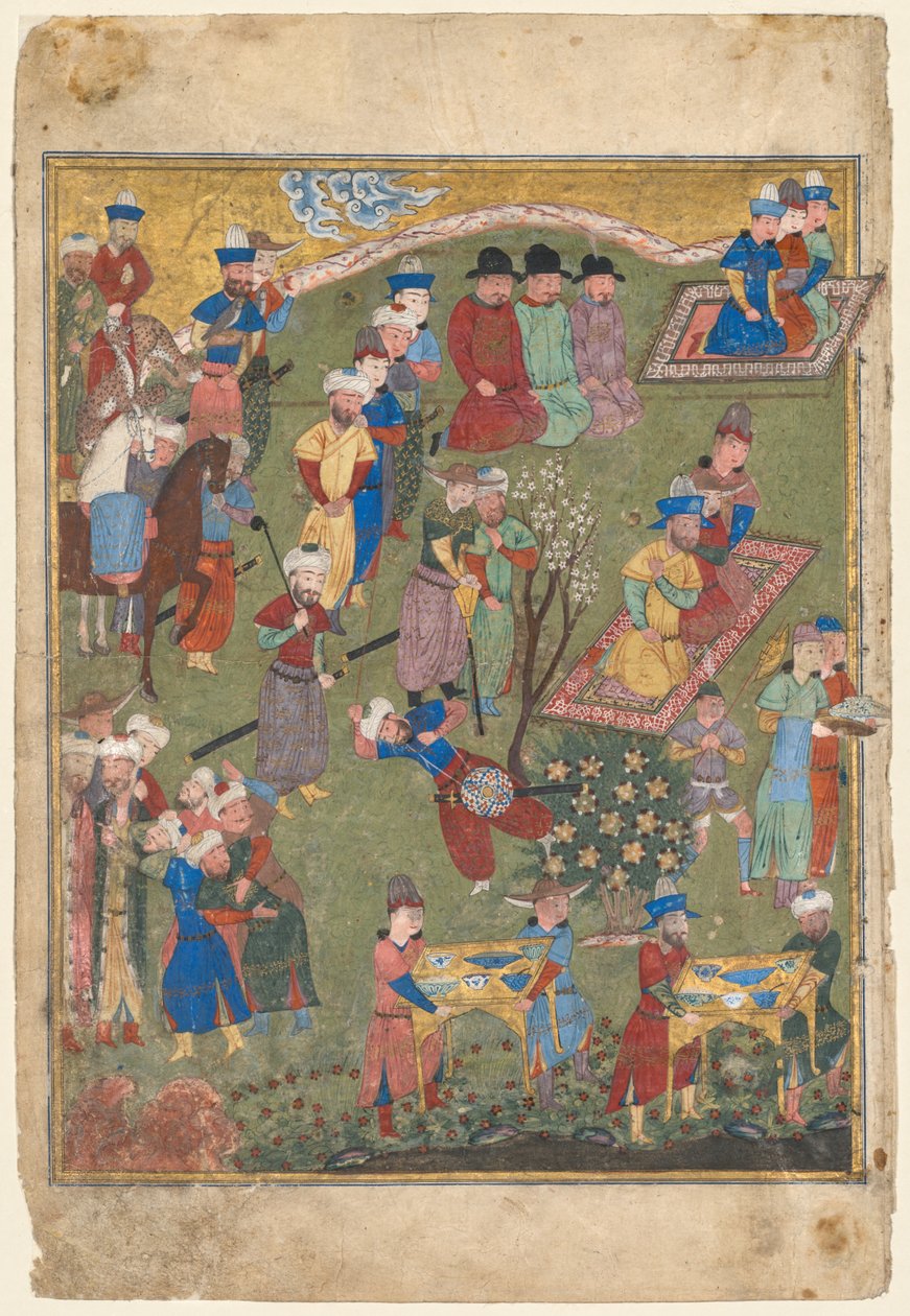 Kongelig modtagelse i et landskab, venstre folio fra den dobbelte frontispice af en Shahnama (Kongernes Bog) af Firdausi (persisk, omkring 940-1019 eller 1025) af Unknown artist