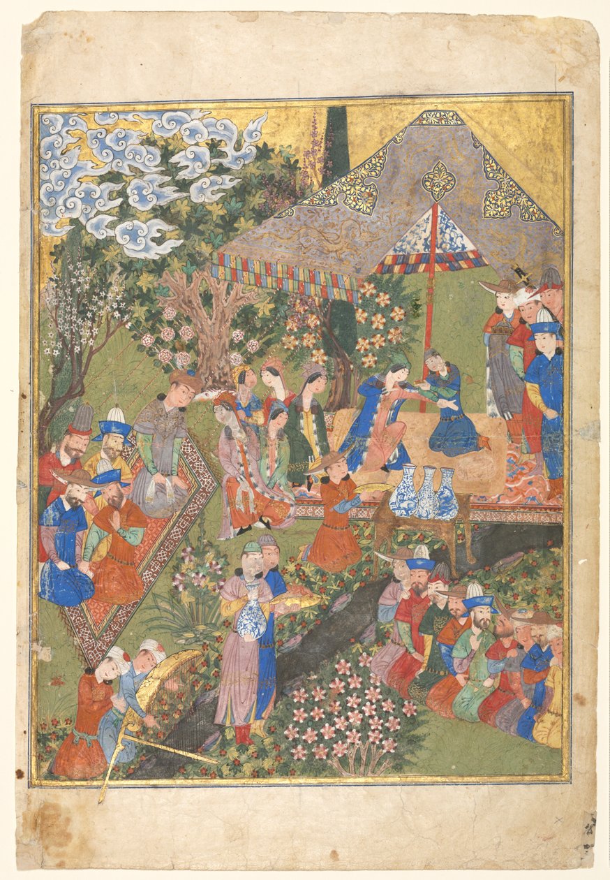 Kongelig modtagelse i et landskab, højre folio fra en dobbeltsidet forside af en Shahnama (Kongernes Bog) fra Firdausi (940–1019 eller 1025) af Unknown artist