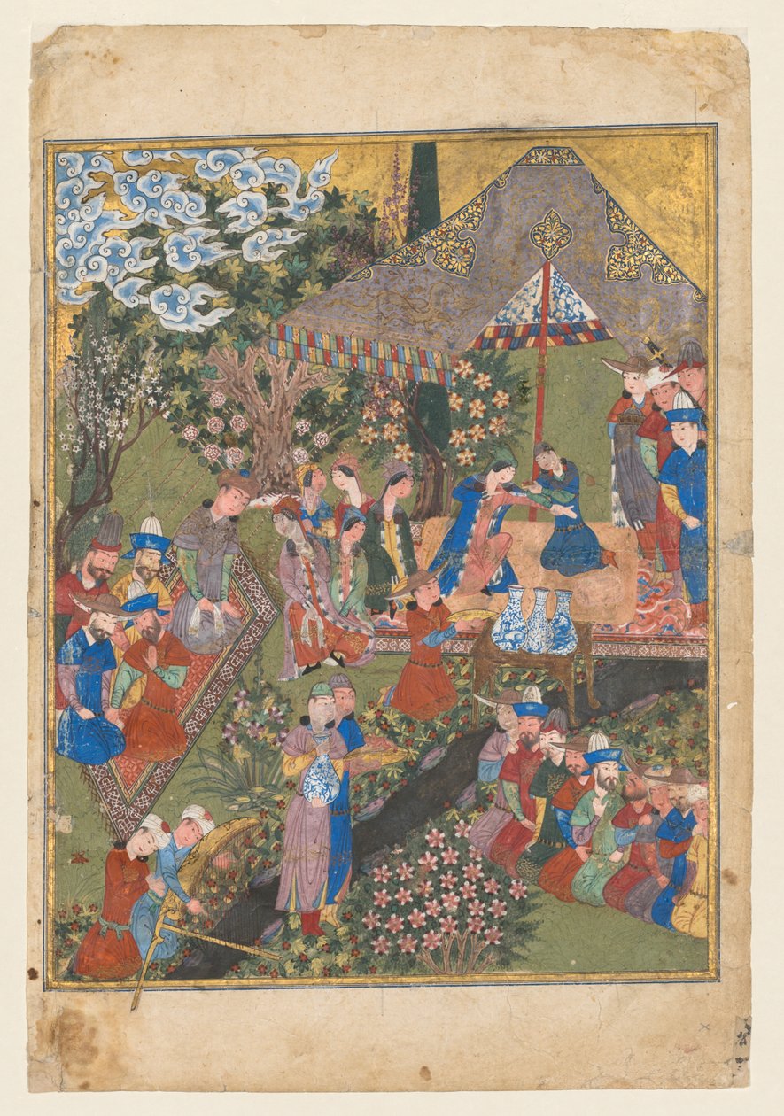Kongelig modtagelse i et landskab, højre folio fra den dobbelte frontispice af en Shahnama (Kongernes Bog) af Firdausi (persisk, ca. 940–1019 eller 1025) (verso) af Unknown artist