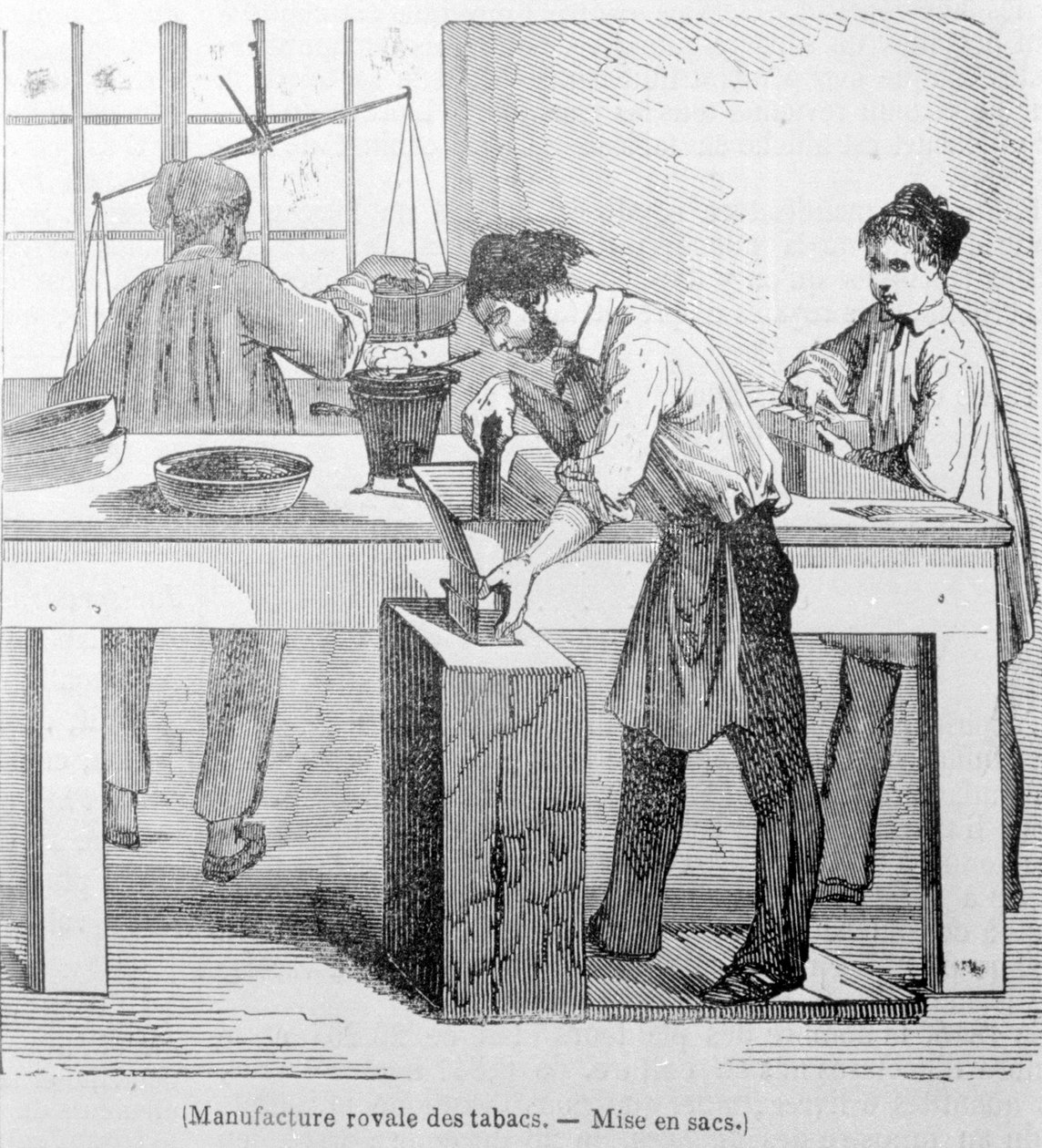 Royal Tobacco Manufacture: posen med tobak. 1800-tals gravering. af Unknown artist