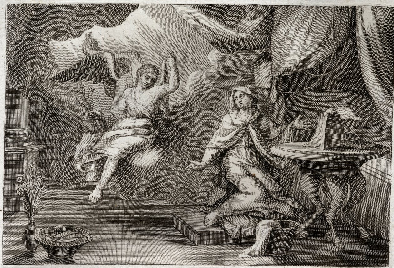 Royaumont Bible, Det Nye Testamente: Jomfruens bebudelse. Ærkeenglen Gabriel er kommet for at levere et budskab til Maria. Illustration fra 1811. af Unknown artist