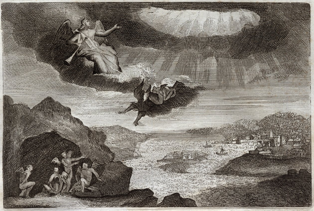 Royaumont Bible, Det Nye Testamente: Åbenbaringens femte og sjette trompet. Græshopperne og de fire engle. Illustration fra 1811. af Unknown artist