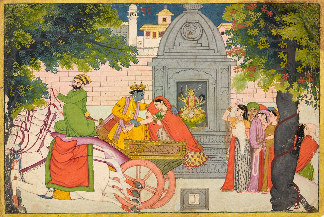 Rukmini flygter med Krishna, folio fra en <em>Bhagavata Purana</em> af Unknown artist