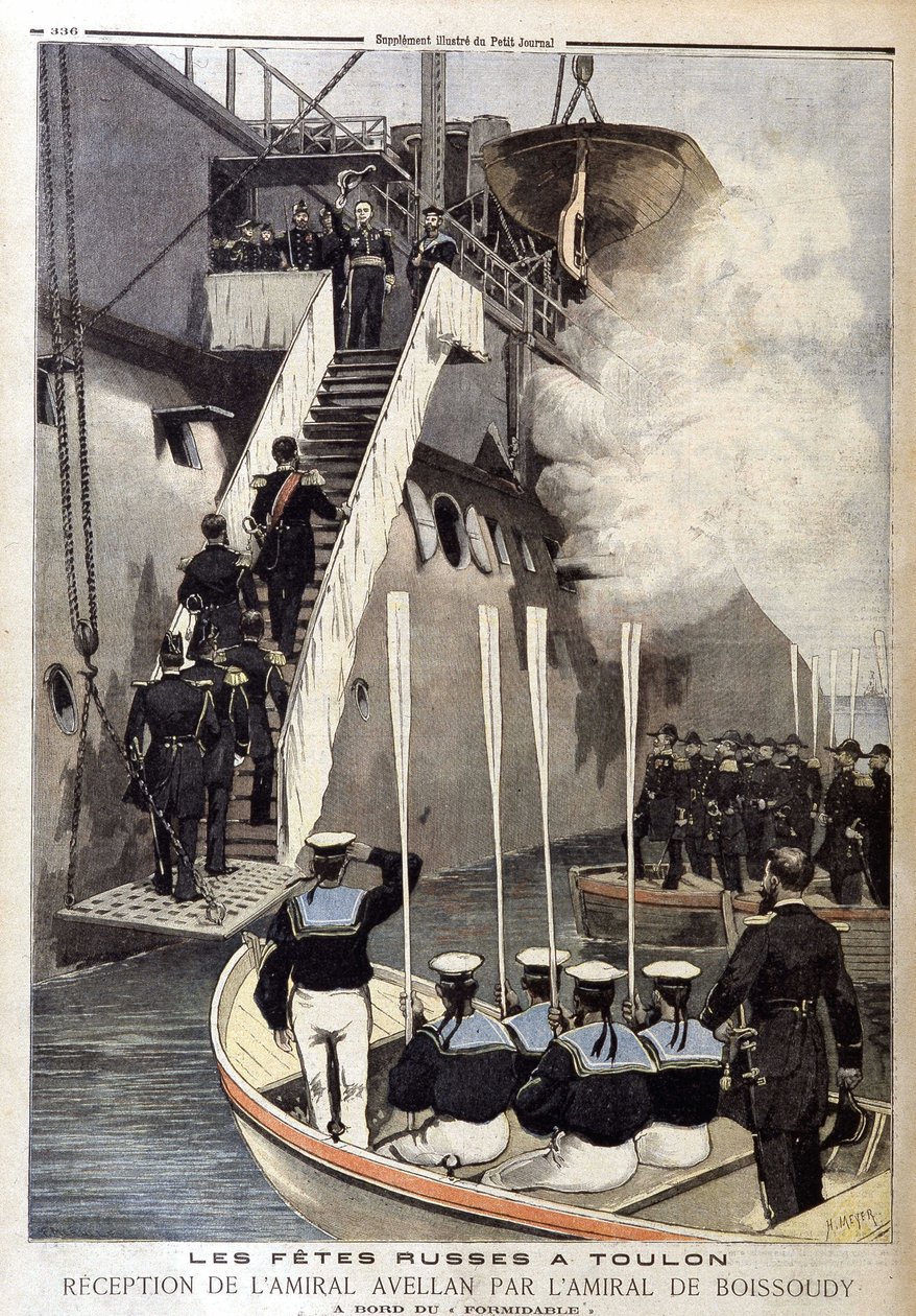 Russiske festligheder i Toulon: Admiral Avellans modtagelse af admiral de Boissoudy ombord på Formidable, i "The Petity Journal" den 21. oktober af Unknown artist