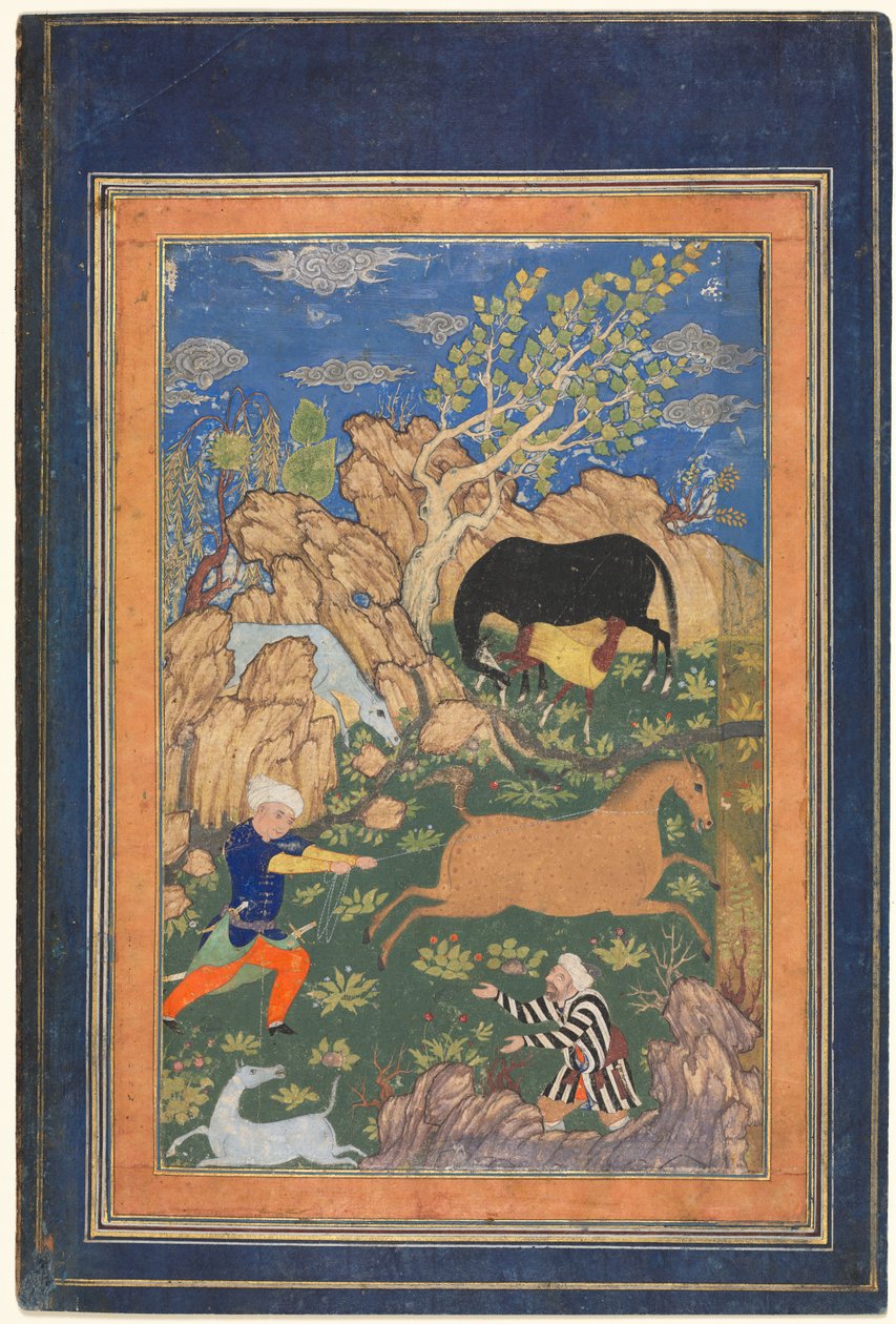 Rustam Lasso der sin hest, Rakhsh, i et landskab (recto) af Unknown artist