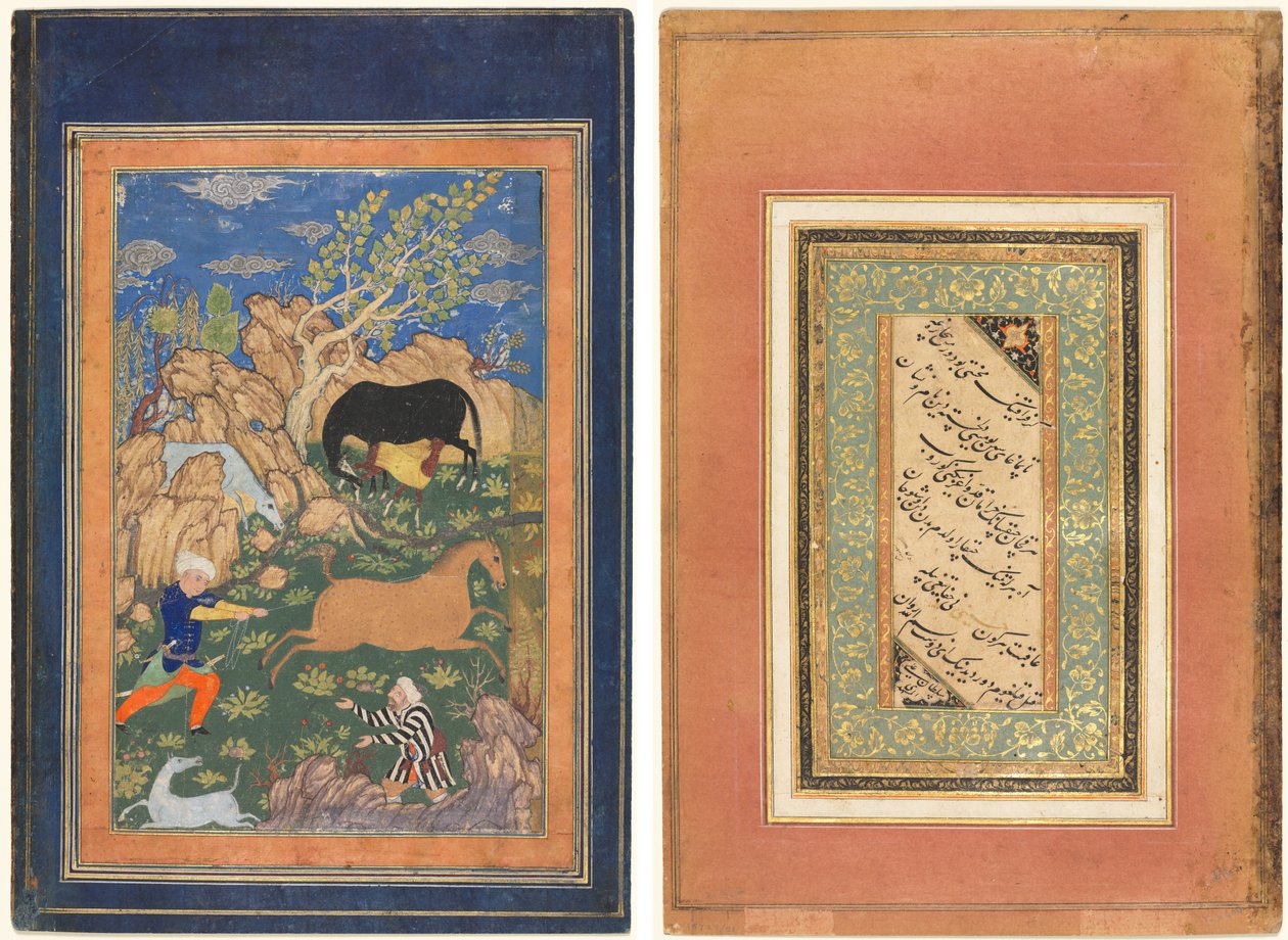 Rustam Lassoing sin hest, Rakhsh, i et landskab (recto); Kalligrafi, persiske vers (verso) af Unknown artist