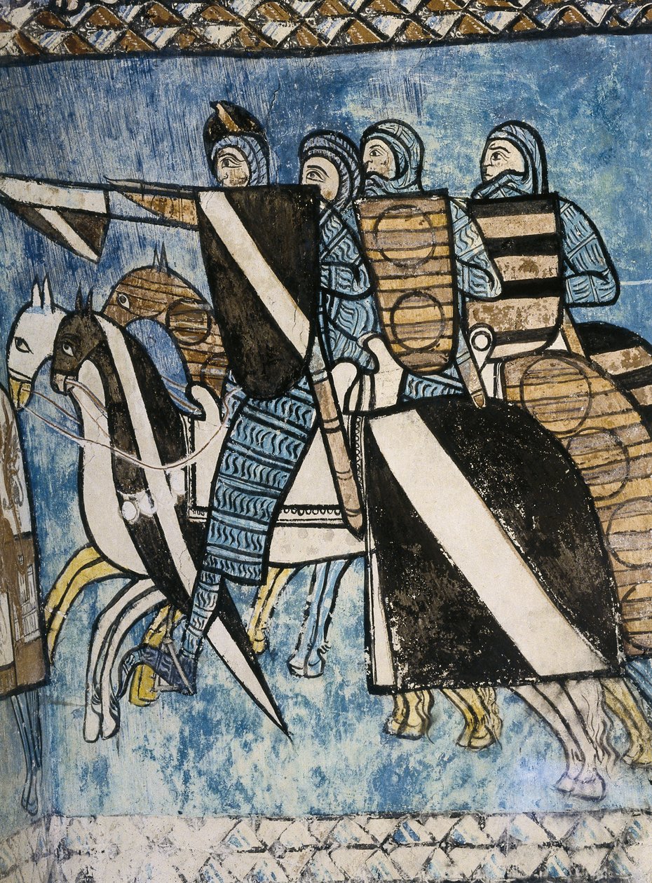 SPANIEN. KASTILIEN OG LEON. Valladolid. Klosteret San Bernardo de Valbuena. Castiliansk hær, gruppe af kristne soldater til hest. Freskomaleri fra det 14. århundrede om "La Reconquista". Gotisk kunst af Unknown artist