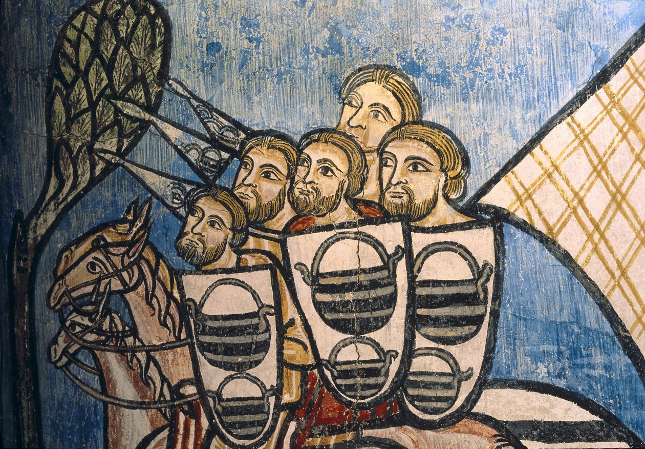 SPANIEN. KASTILIEN OG LEON. Valladolid. Klosteret San Bernardo de Valbuena. Gruppe af kristne soldater til hest. Castiliansk skole. Det 14. århundrede. Freskomaleri om "La Reconquista". Gotisk kunst af Unknown artist
