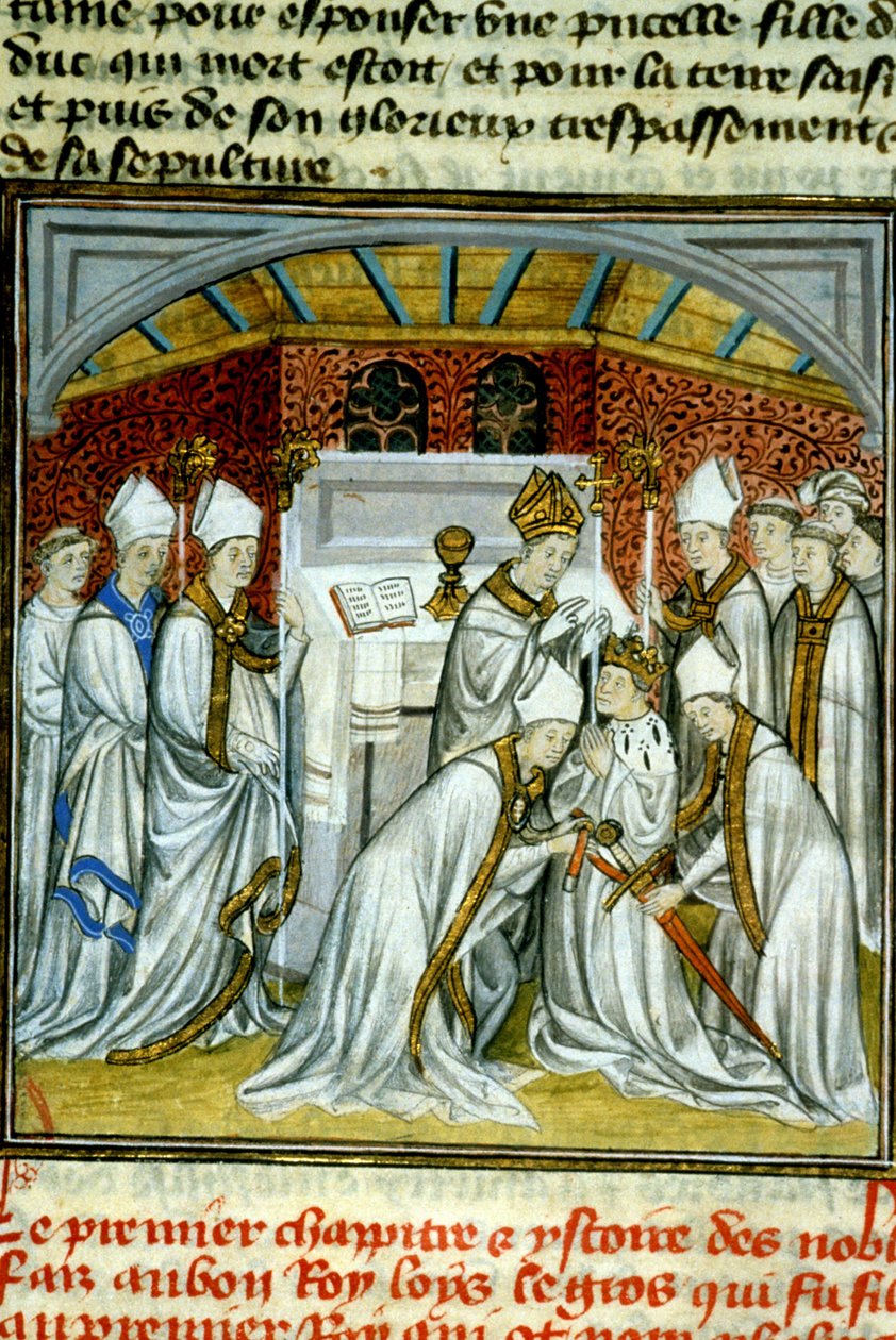 Sacre of Louis VI (1108) - Belysning af manuskript på velin fra middelalderen "" Great Chronicles of Saint-Denis"" slutningen af det 14. århundrede (ref.512 af Unknown artist