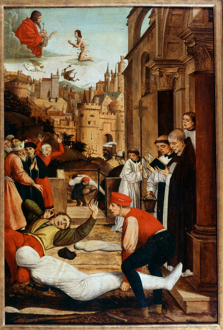 Saint Francois beder under en pestepidemi under begravelsen af døde kroppe. Anonymt maleri af Unknown artist