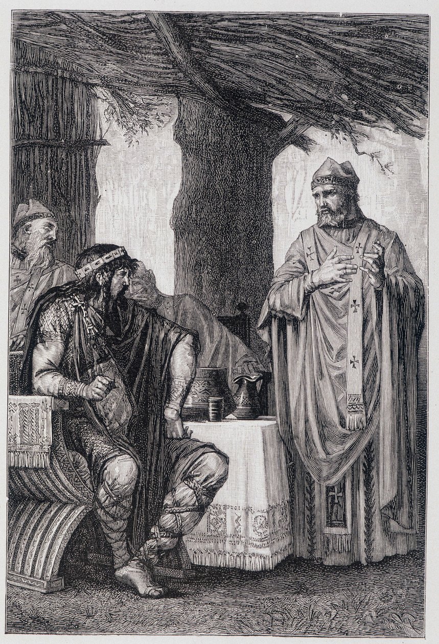 Saint Gregoire of Tours (538-594) mod Chilperic I (539-584) konge af Neustrien. af Unknown artist