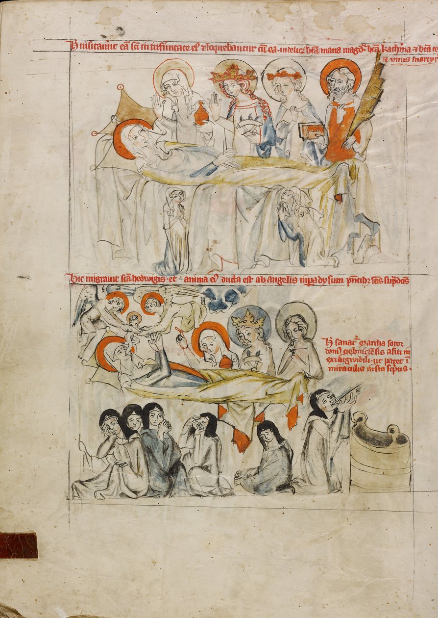 Sankt Hedvig på sygesengen omgivet af helgener; Sankt Hedvigs død og hendes sjæl modtaget i Paradis af Unknown artist