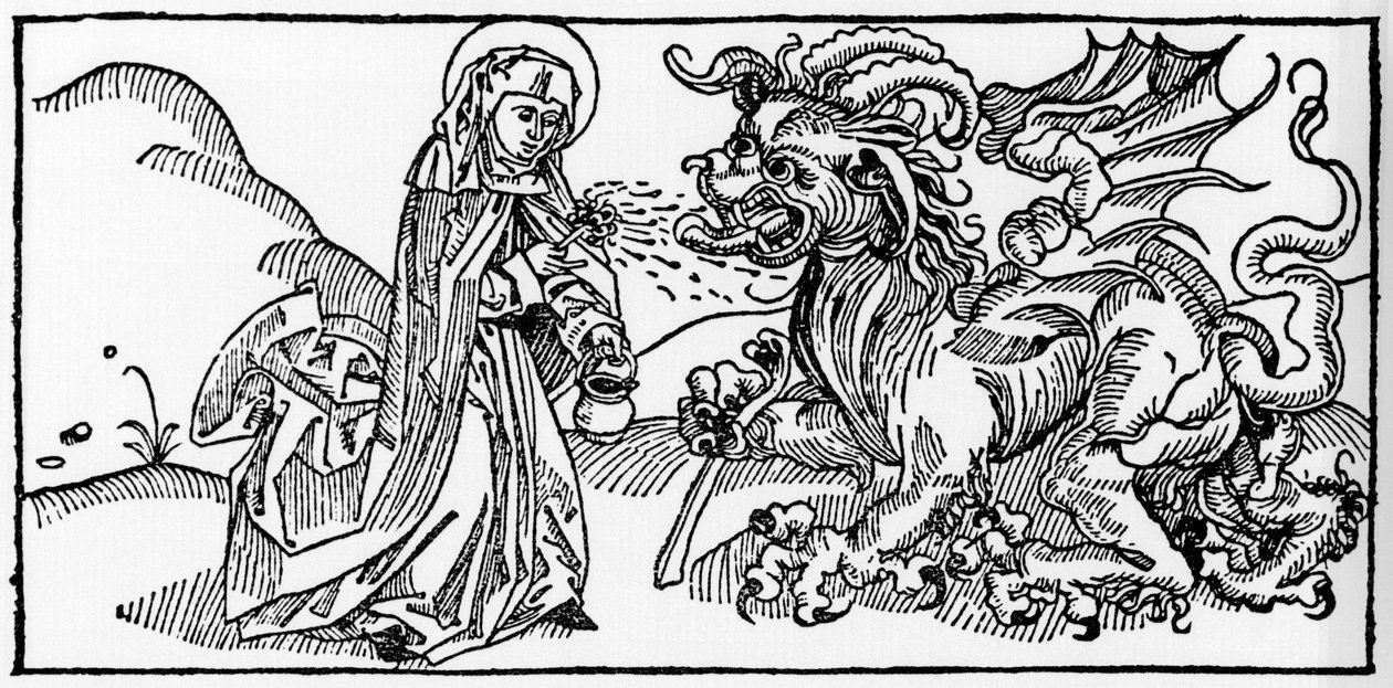 Sankt Martha og Tarasque - Indgravering fra "Leben der Heiligen - sommerteil" (Helgenbogen) af Jacobus (James) fra Voragine (1228-1298). Lübeck 1488. af Unknown artist