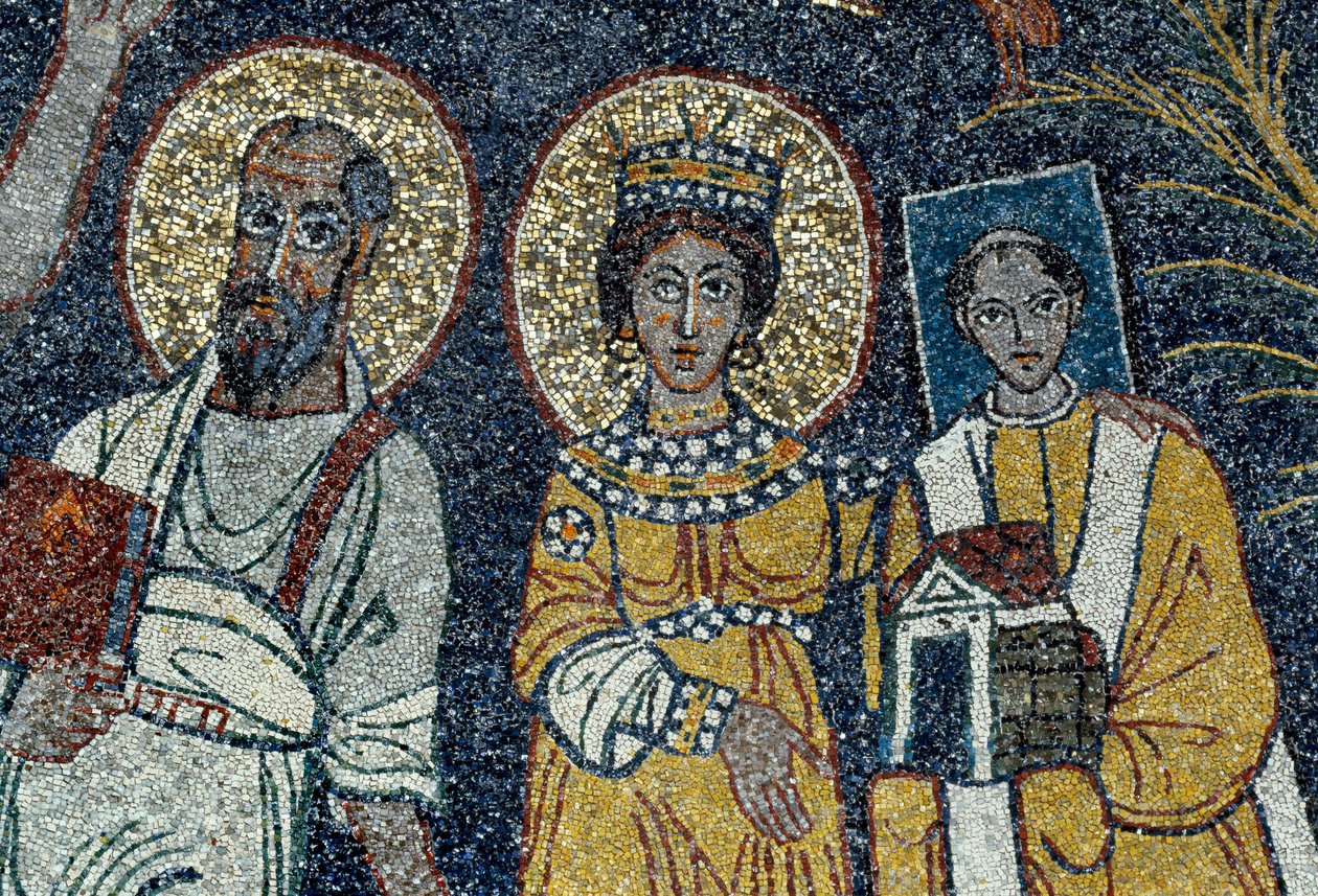 Saint Paul, Saint Cecile og Saint Pascal Detalje af Kristus og seks helgener. Anonym mosaik, 821. Rom Basilica di Santa Cecilia in Trastevere af Unknown artist