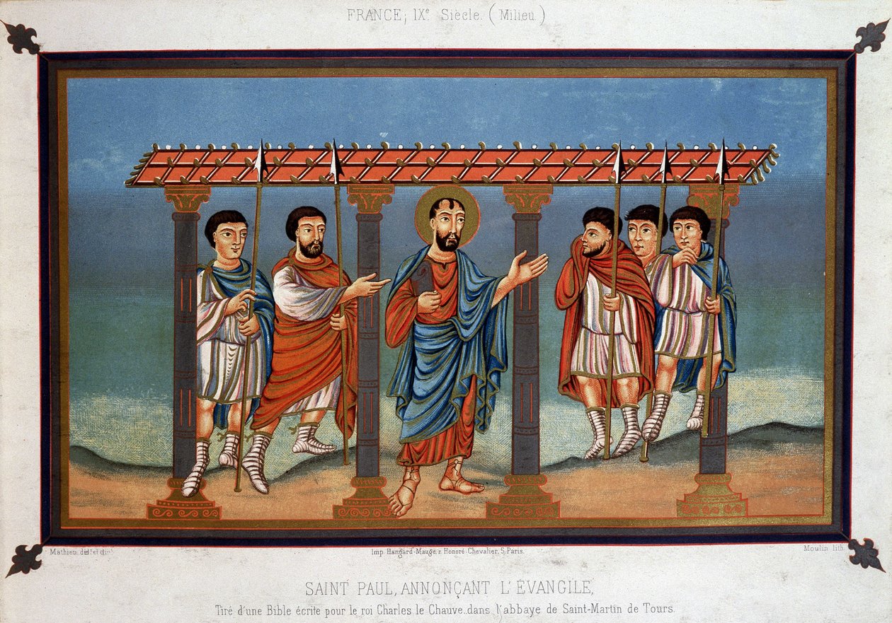 Sankt Paulus forkynder evangeliet - fra en bibel skrevet til kong Karl den Skaldede i klosteret Sankt Martin af Tours, 9. århundrede af Unknown artist