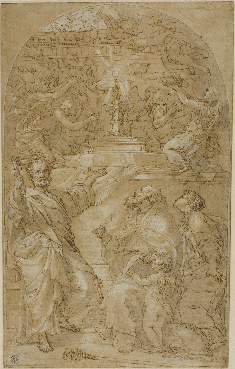 Sankt Peter, Sankt Augustin og en kvindelig helgen i tilbedelse af eukaristien af Unknown artist
