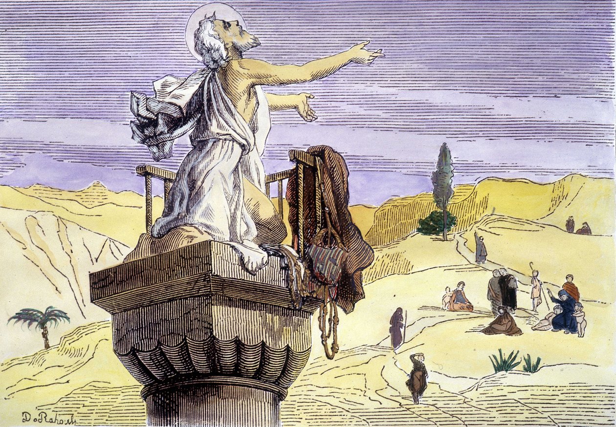 Sankt Simeon stiliten prædiker på en søjle. af Unknown artist