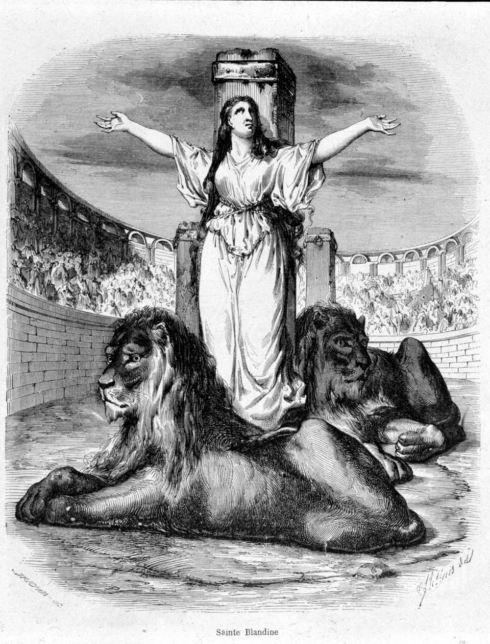 Sainte Blandine i arenaen, løverne liggende ved hans fødder (kristneforfølgelser i Lyon) - i "Histoire des popes"" af Maurice Lachatre af Unknown artist