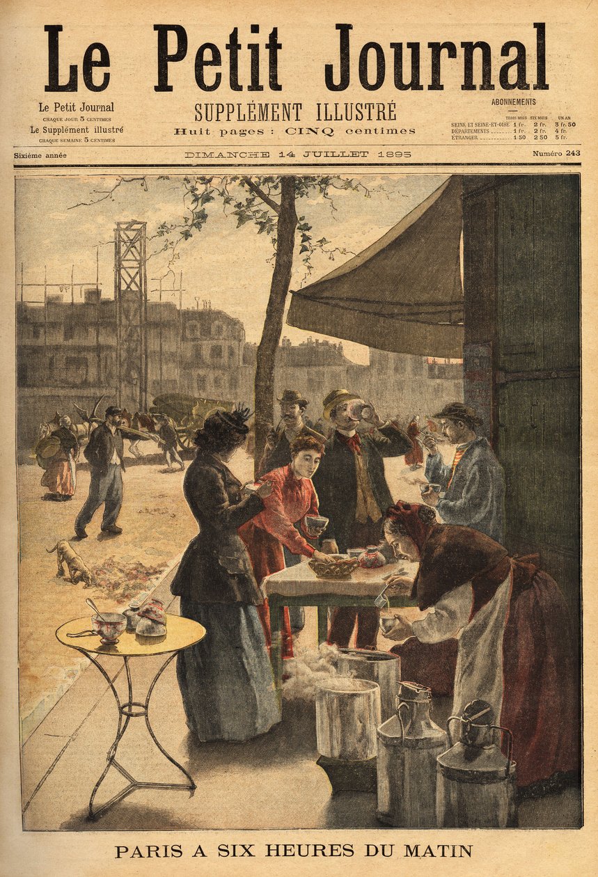 Sælger af suppe og mælkekaffe, holdt under cocheres-dørene kl. 6 til den udendørs morgenmad for parisiske arbejdere. Indgravering i "" Le petit journal"" 14/07/1895. Selvas samling. af Unknown artist