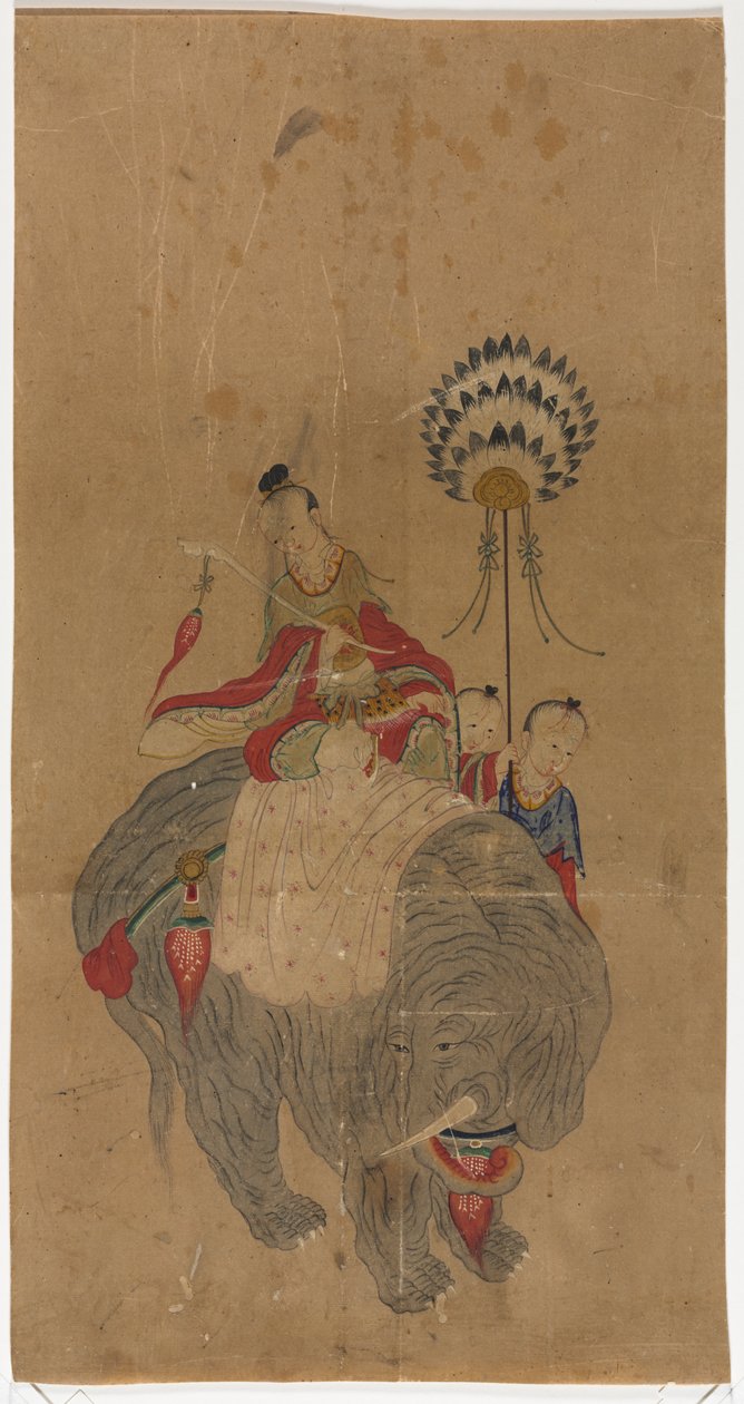 Samantabhadra på en elefant med to ledsagere af Unknown artist