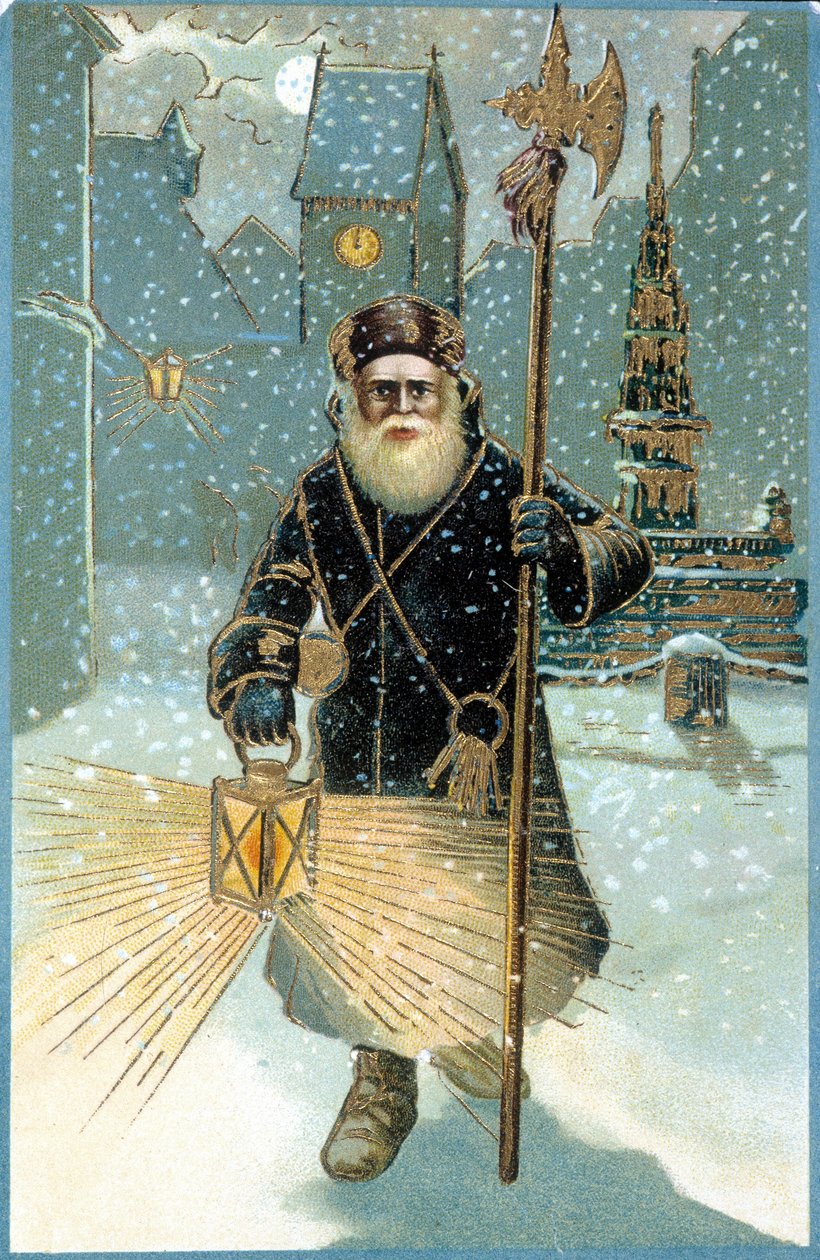 Julemanden om natten med lanterne. 1800-tals postkort. af Unknown artist