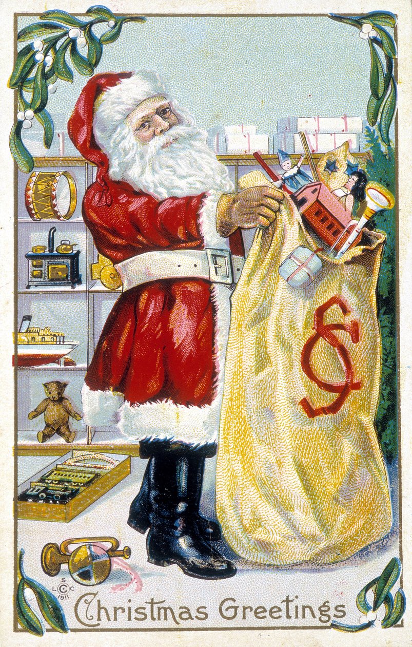 Julemanden forbereder gaver - julekort. Amerikansk lykønskningskort sd. slutningen af det 19. århundrede. af Unknown artist