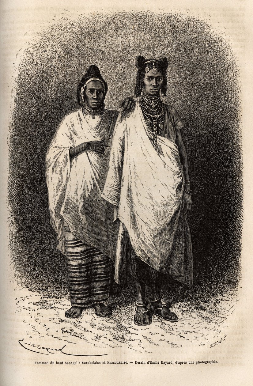 Sarakolesiske og Kassonkesesiske kvinder, befolkninger i Øvre Senegal, i traditionelt tøj. Gravering til illustration af et krydstogt på Afrikas kyst, af viceadmiral Fleuriot de Langle, i 1868, udgivet i "" Le tour du monde""" 1872, redigeret af Edouard Ch af Unknown artist
