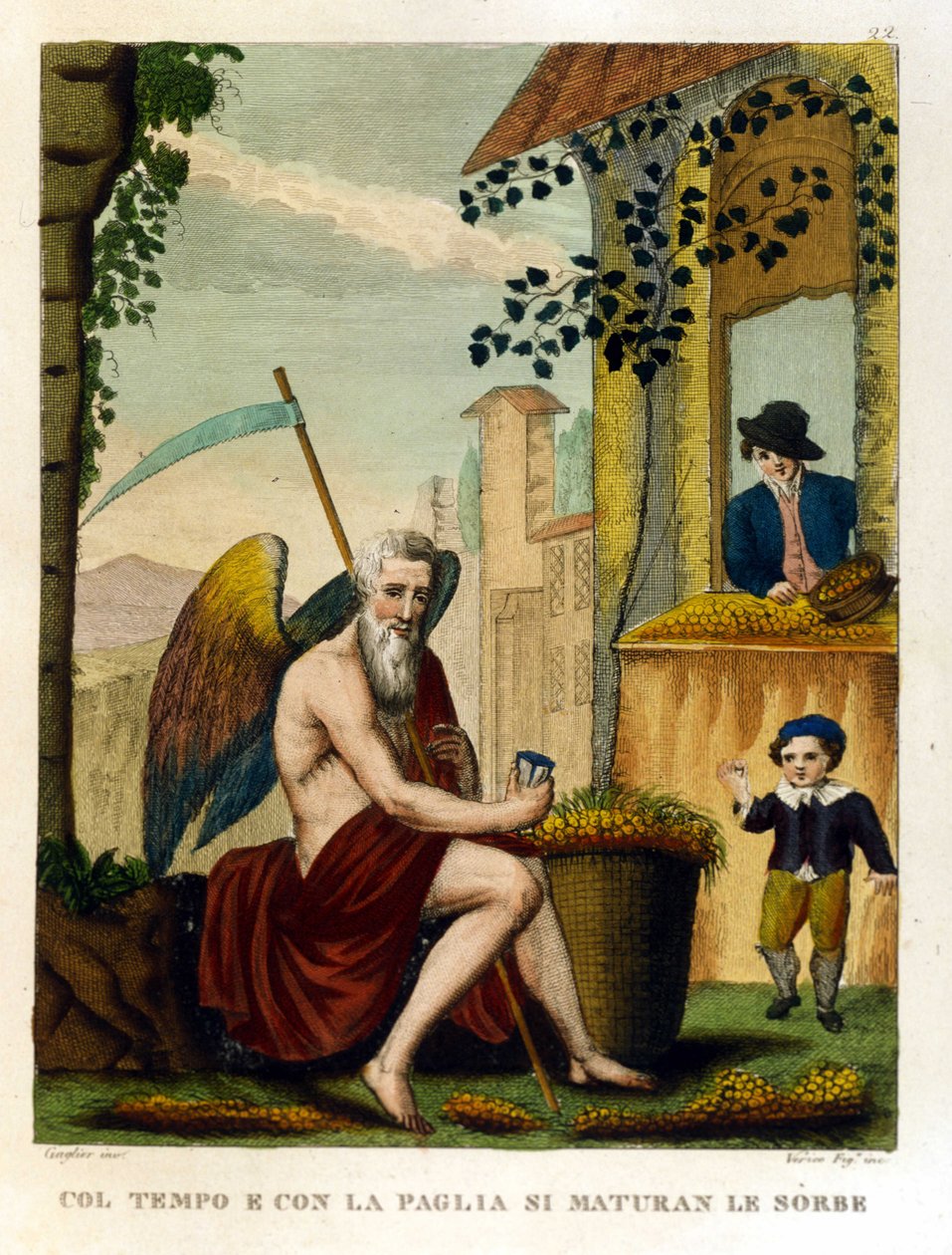 Ordsprog: "" Med tid og strå rander nefler og agern"" (tiden gør alt grumset), Illustration fra en samling ordsprog. 19. århundrede af Unknown artist